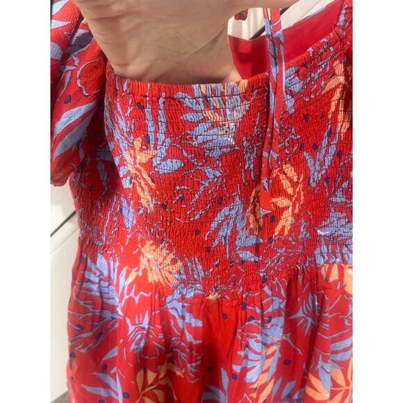 Lost + Wander Red Blue Floral Babydoll Smocked Dress Cottagecore Y2K Feminine M - Picture 3 of 9
